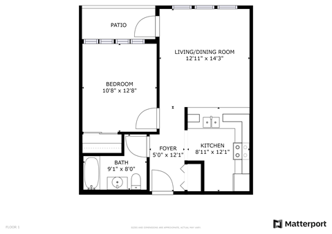 Floor plan for 1 bed, 1 bath, 650 sqft